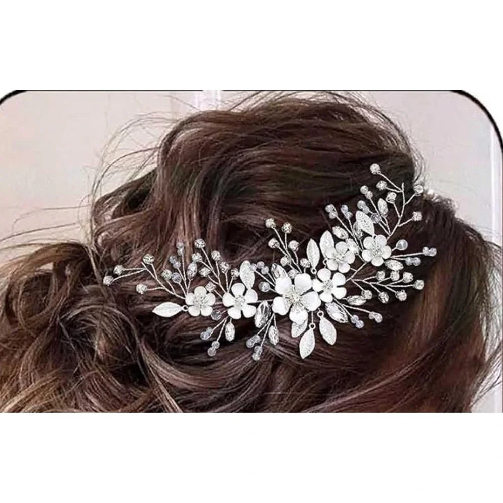 Flower Bride Wedding Hair‎ Vine Leaf Rhinestone Bridal Hair Piece Silver Floral